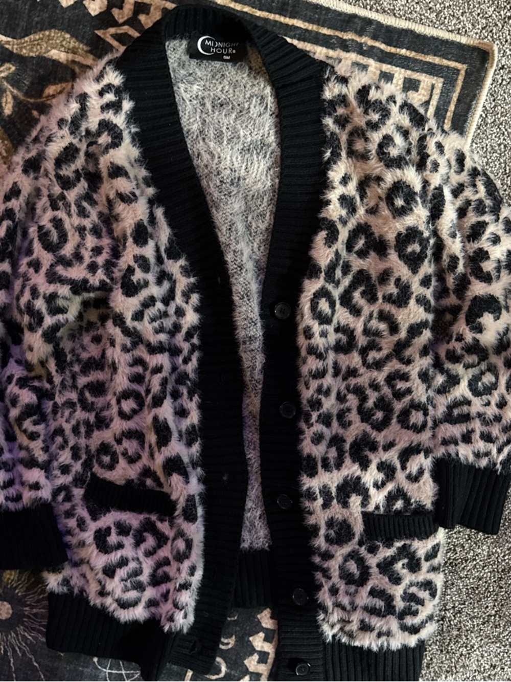 Midnight Hour Black & Cream Leopard Fuzzy Cardigan Sweater